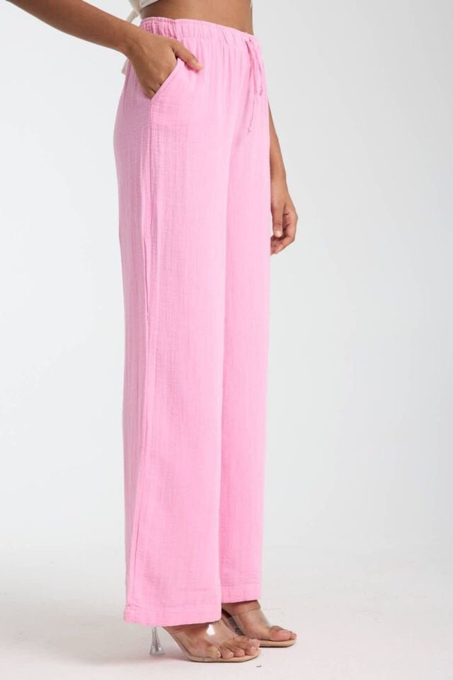Balenbi Kadın Hafif Transparan Beli Lastikli Palazzo Müslin Pantolon 1096 40 - Pembe