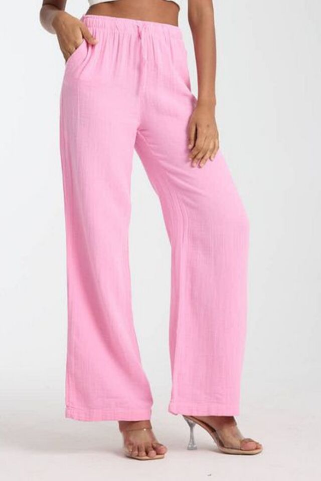 Balenbi Kadın Hafif Transparan Beli Lastikli Palazzo Müslin Pantolon 1096 40 - Pembe