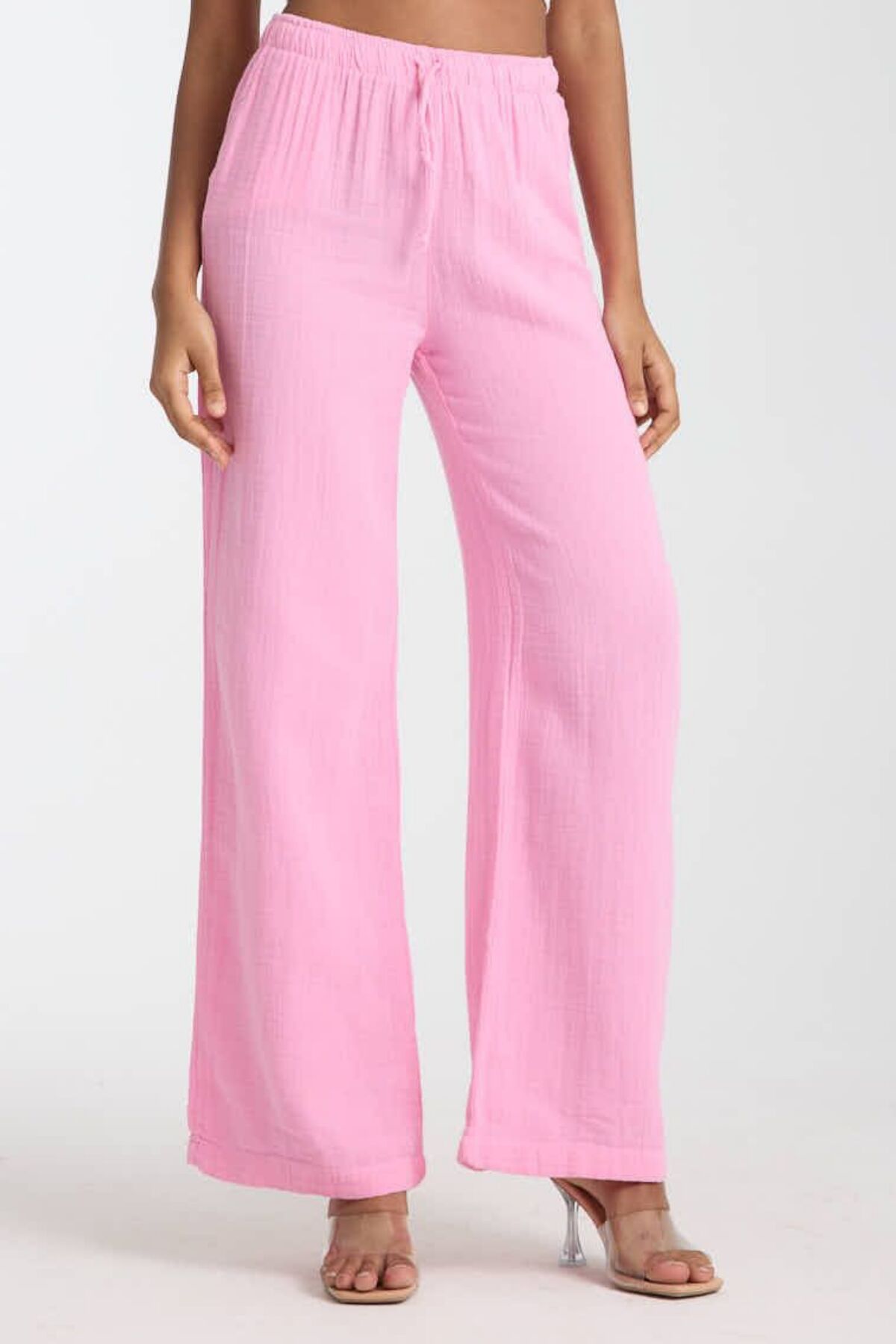 Balenbi Kadın Hafif Transparan Beli Lastikli Palazzo Müslin Pantolon 1096 40 - Pembe