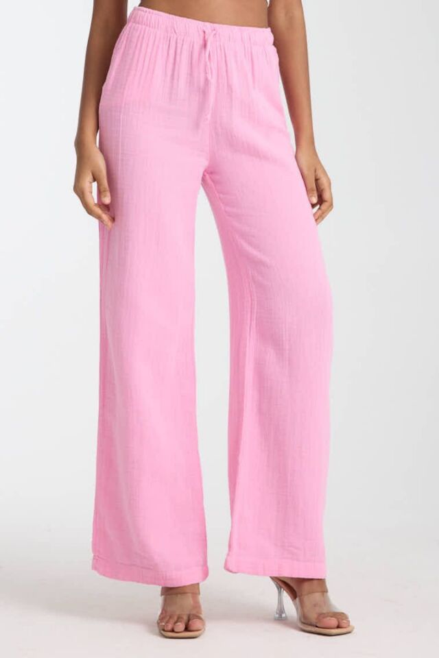 Balenbi Kadın Hafif Transparan Beli Lastikli Palazzo Müslin Pantolon 1096 Pembe - 40