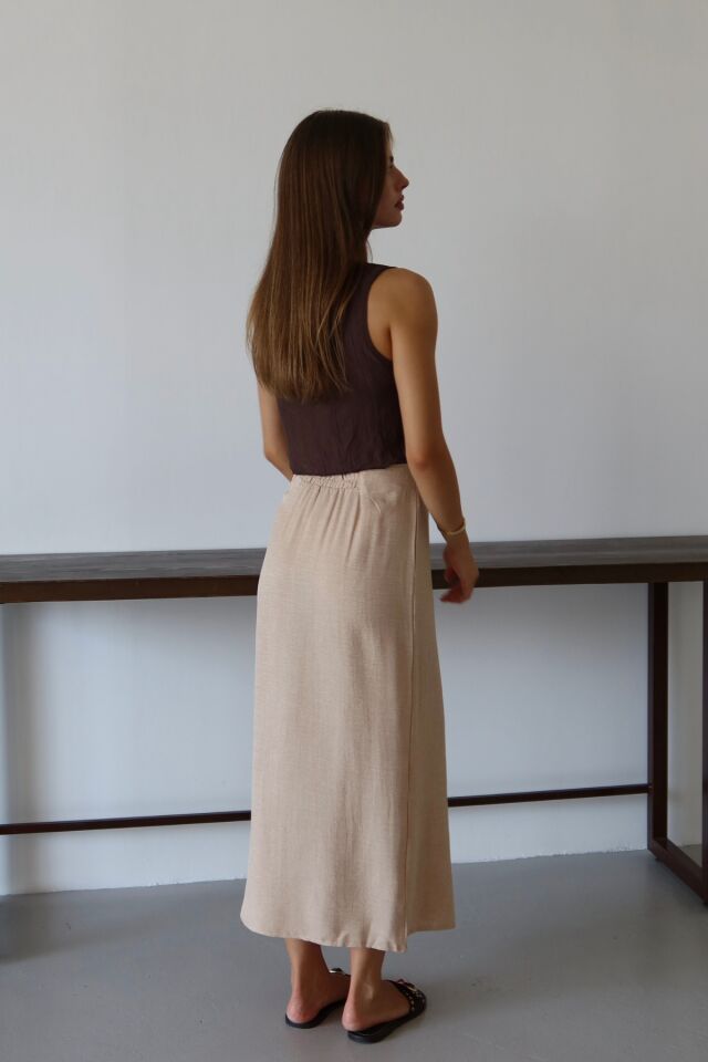 Balenbi Kadın Belden Bağlamalı Keten Karışımlı Dokuma Etek 1106 42 - Bej