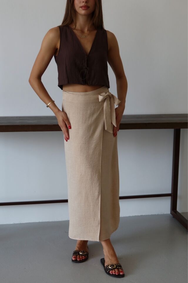 Balenbi Kadın Belden Bağlamalı Keten Karışımlı Dokuma Etek 1106 42 - Bej