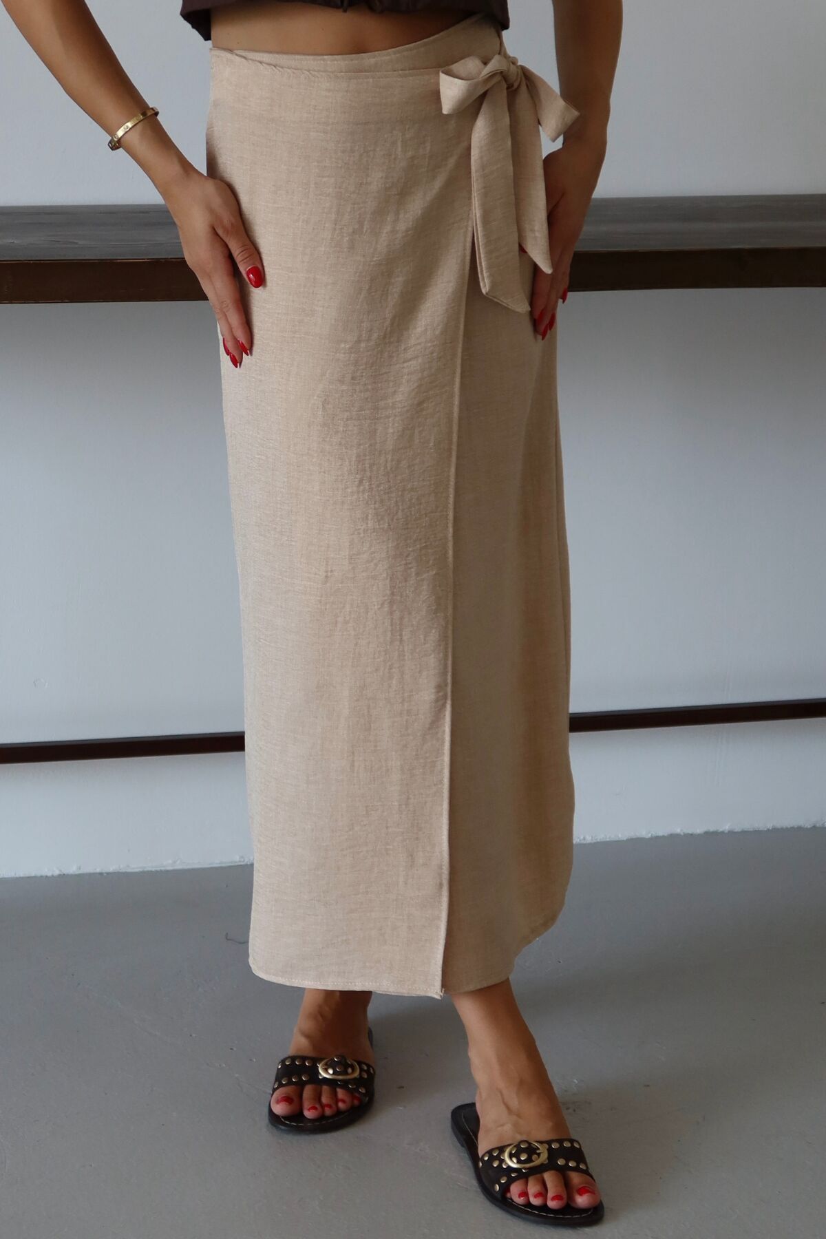 Balenbi Kadın Belden Bağlamalı Keten Karışımlı Dokuma Etek 1106 42 - Bej