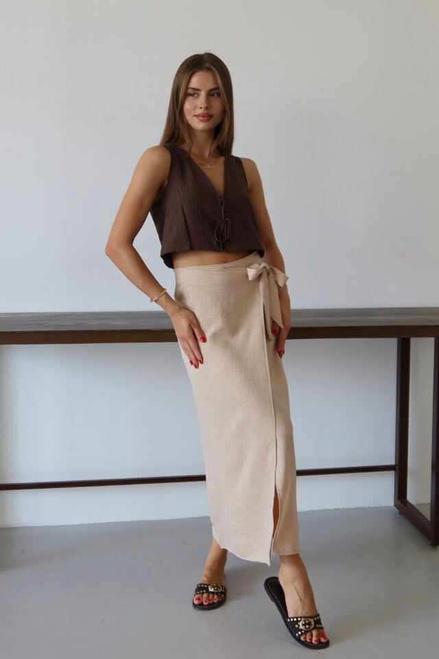 Balenbi Kadın Belden Bağlamalı Keten Karışımlı Dokuma Etek 1106 42 - Bej