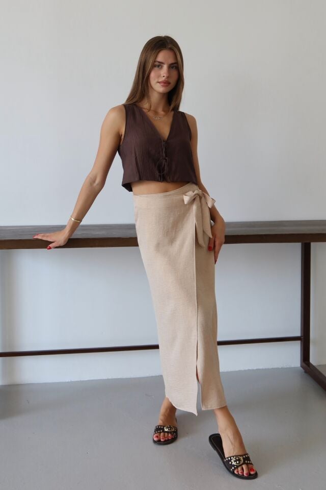 Balenbi Kadın Belden Bağlamalı Keten Karışımlı Dokuma Etek 1106 Bej - 42