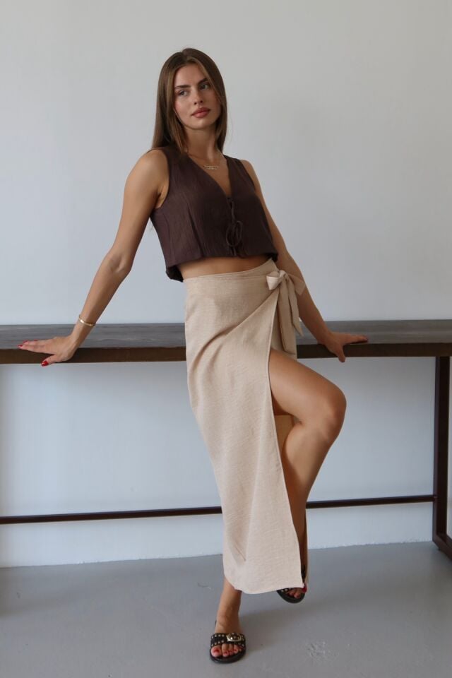 Balenbi Kadın Belden Bağlamalı Keten Karışımlı Dokuma Etek 1106 42 - Bej