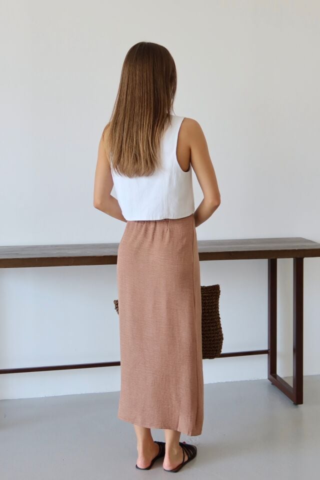 Balenbi Kadın Belden Bağlamalı Keten Karışımlı Dokuma Etek 1106 42 - Camel