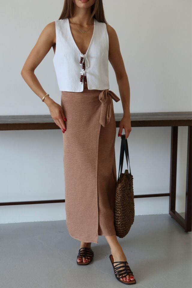 Balenbi Kadın Belden Bağlamalı Keten Karışımlı Dokuma Etek 1106 42 - Camel