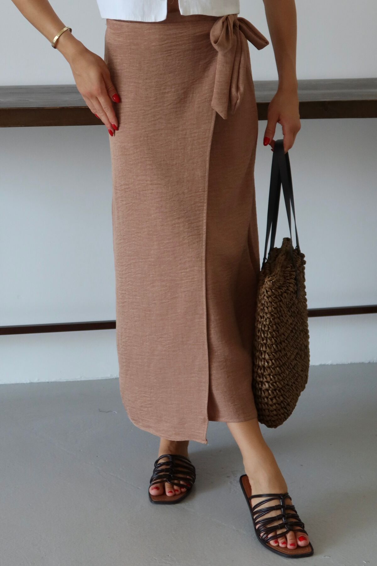 Balenbi Kadın Belden Bağlamalı Keten Karışımlı Dokuma Etek 1106 42 - Camel