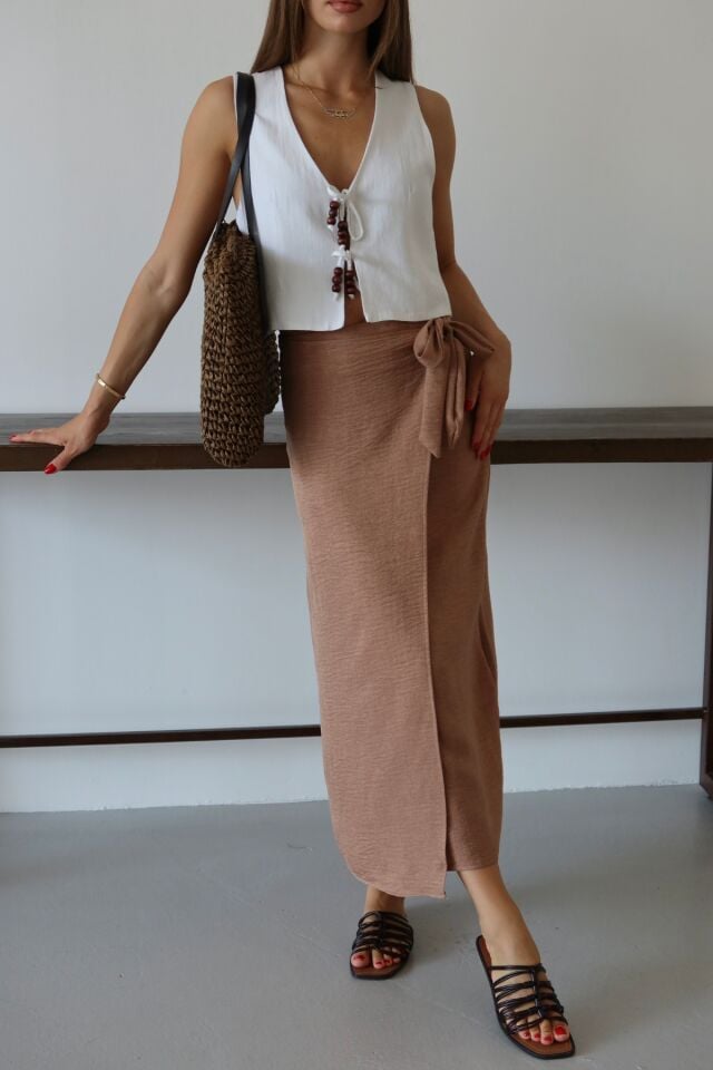 Balenbi Kadın Belden Bağlamalı Keten Karışımlı Dokuma Etek 1106 Camel - 42