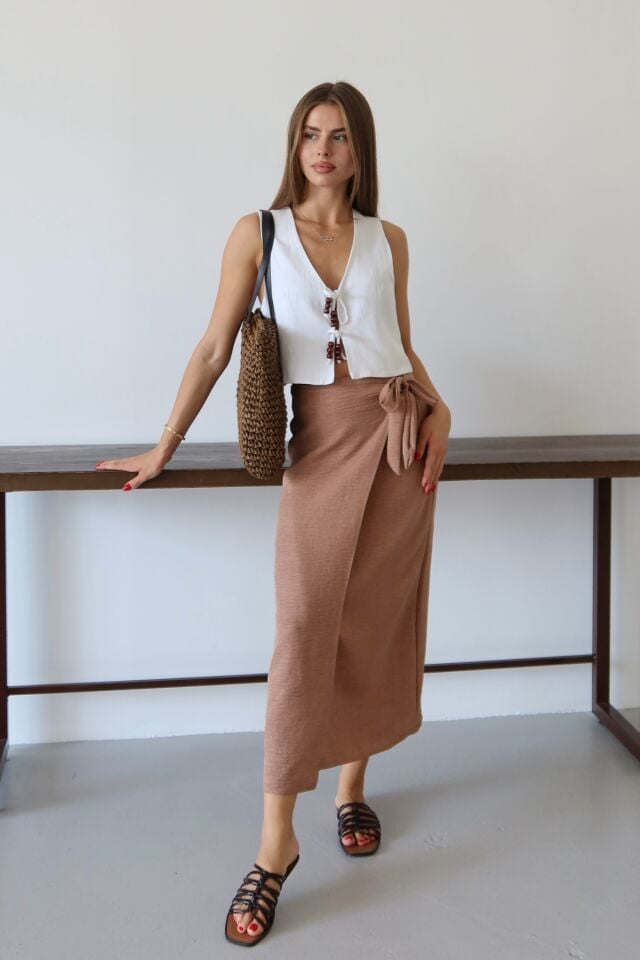 Balenbi Kadın Belden Bağlamalı Keten Karışımlı Dokuma Etek 1106 42 - Camel