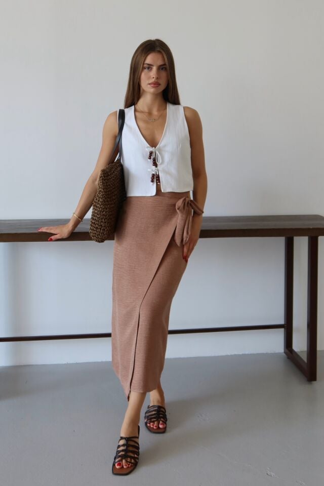 Balenbi Kadın Belden Bağlamalı Keten Karışımlı Dokuma Etek 1106 42 - Camel