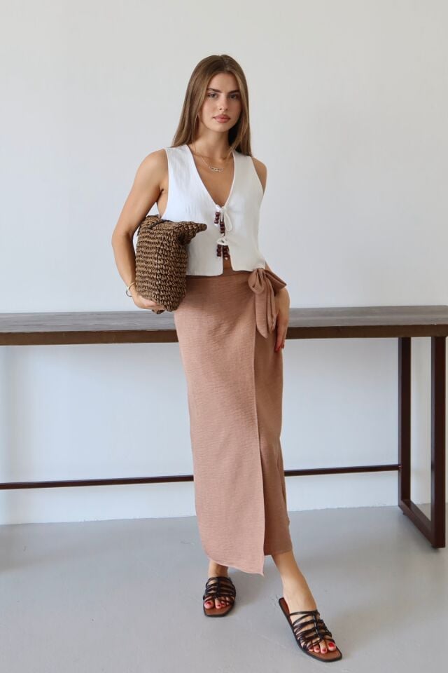 Balenbi Kadın Belden Bağlamalı Keten Karışımlı Dokuma Etek 1106 42 - Camel