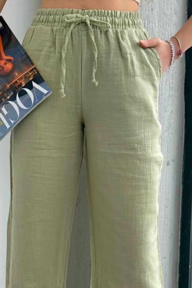 Balenbi Kadın Hafif Transparan Beli Lastikli Palazzo Müslin Pantolon 1096 40 - Yeşil