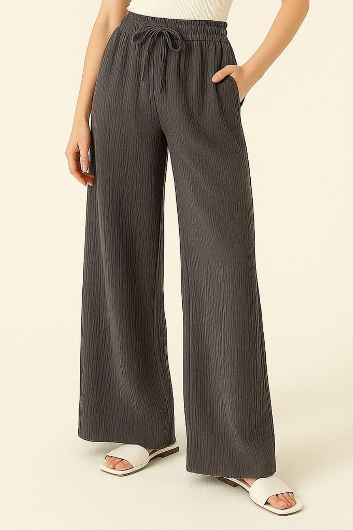 Balenbi Kadın Hafif Transparan Beli Lastikli Palazzo Müslin Pantolon 1096 42 - Antrasit