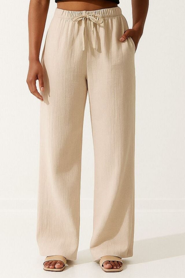 Balenbi Kadın Hafif Transparan Beli Lastikli Palazzo Müslin Pantolon 1096 42 - Bej
