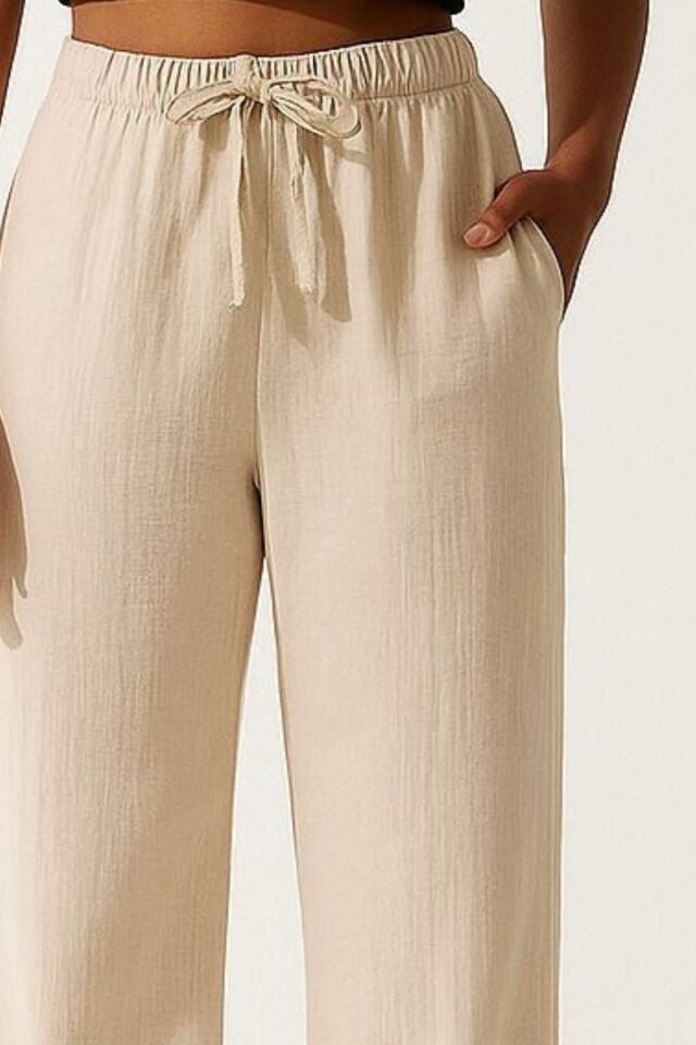 Balenbi Kadın Hafif Transparan Beli Lastikli Palazzo Müslin Pantolon 1096 42 - Bej