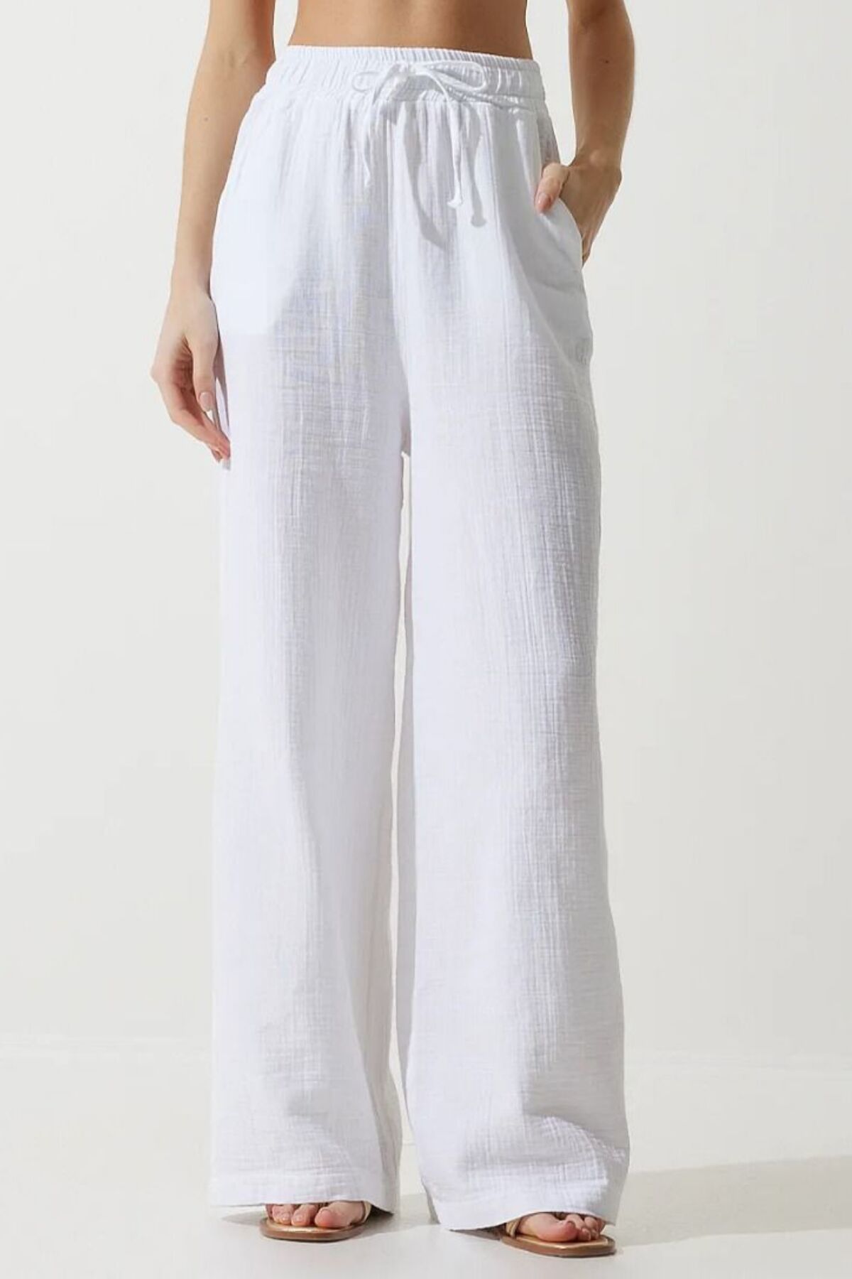 Balenbi Kadın Hafif Transparan Beli Lastikli Palazzo Müslin Pantolon 1096 42 - Beyaz