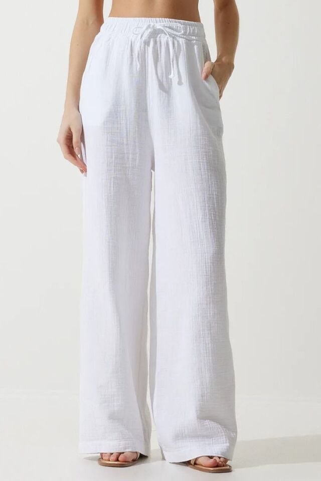 Balenbi Kadın Hafif Transparan Beli Lastikli Palazzo Müslin Pantolon 1096 Beyaz - 42