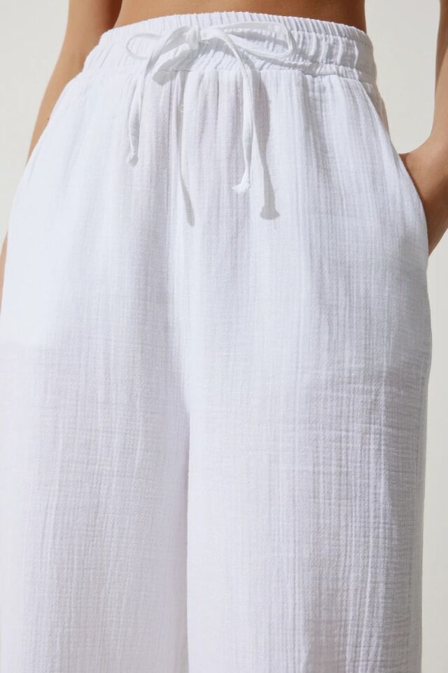Balenbi Kadın Hafif Transparan Beli Lastikli Palazzo Müslin Pantolon 1096 42 - Beyaz