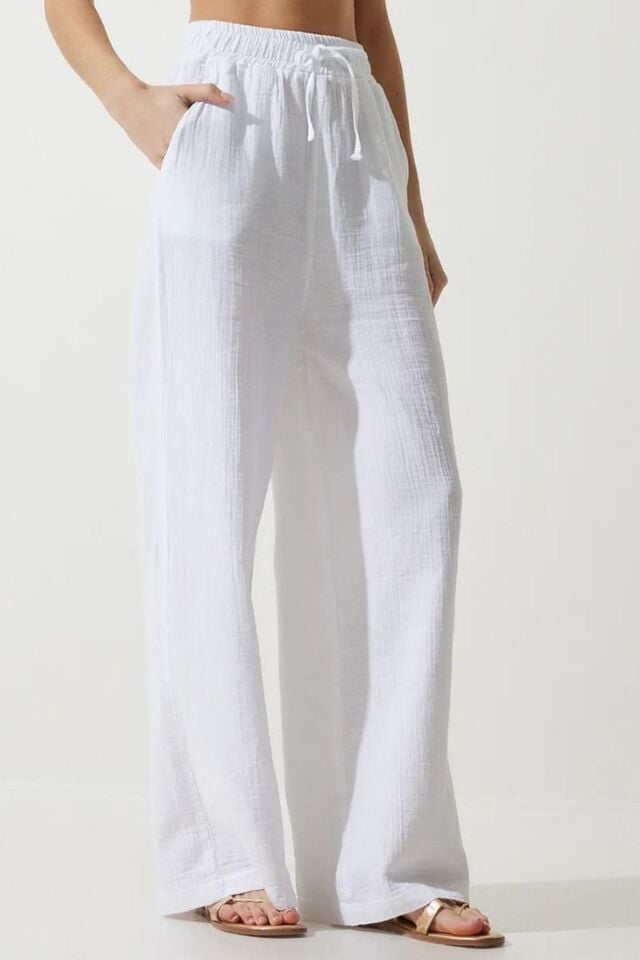 Balenbi Kadın Hafif Transparan Beli Lastikli Palazzo Müslin Pantolon 1096 42 - Beyaz