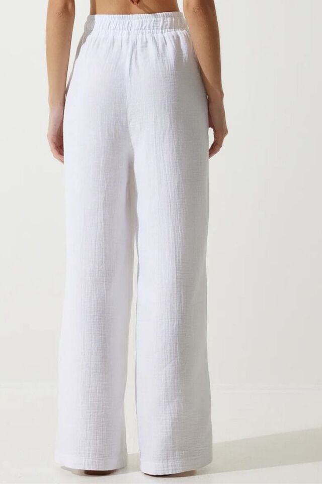 Balenbi Kadın Hafif Transparan Beli Lastikli Palazzo Müslin Pantolon 1096 42 - Beyaz