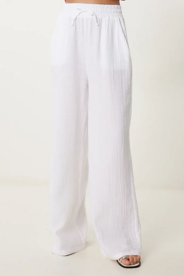 Balenbi Kadın Hafif Transparan Beli Lastikli Palazzo Müslin Pantolon 1096 42 - Beyaz