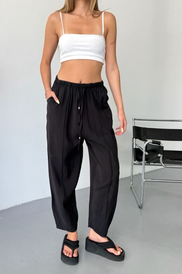 Feela Moda Kadın Modal Cupra Beli Lastikli Çımalı Şalvar Pantolon 2019 38 - Siyah