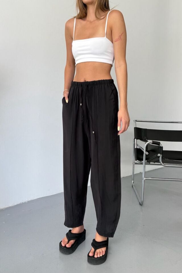 Feela Moda Kadın Modal Cupra Beli Lastikli Çımalı Şalvar Pantolon 2019 38 - Siyah