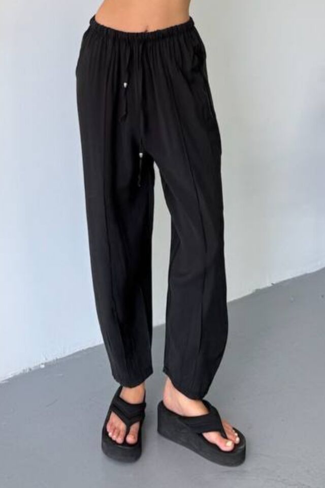 Feela Moda Kadın Modal Cupra Beli Lastikli Çımalı Şalvar Pantolon 2019 Siyah - 38