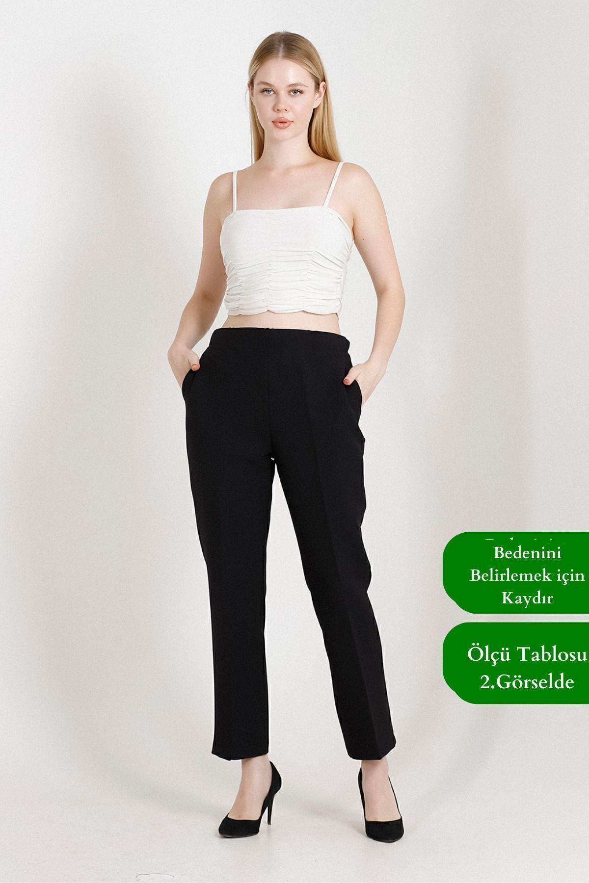 Balenbi 1009 Koyu Haki Boru Paça Yüksek Bel Likralı Dokuma Kadın Pantolon 36 - Siyah