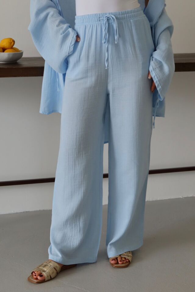 Balenbi Kadın Hafif Transparan Beli Lastikli Palazzo Müslin Pantolon 1096 42 - Mavi