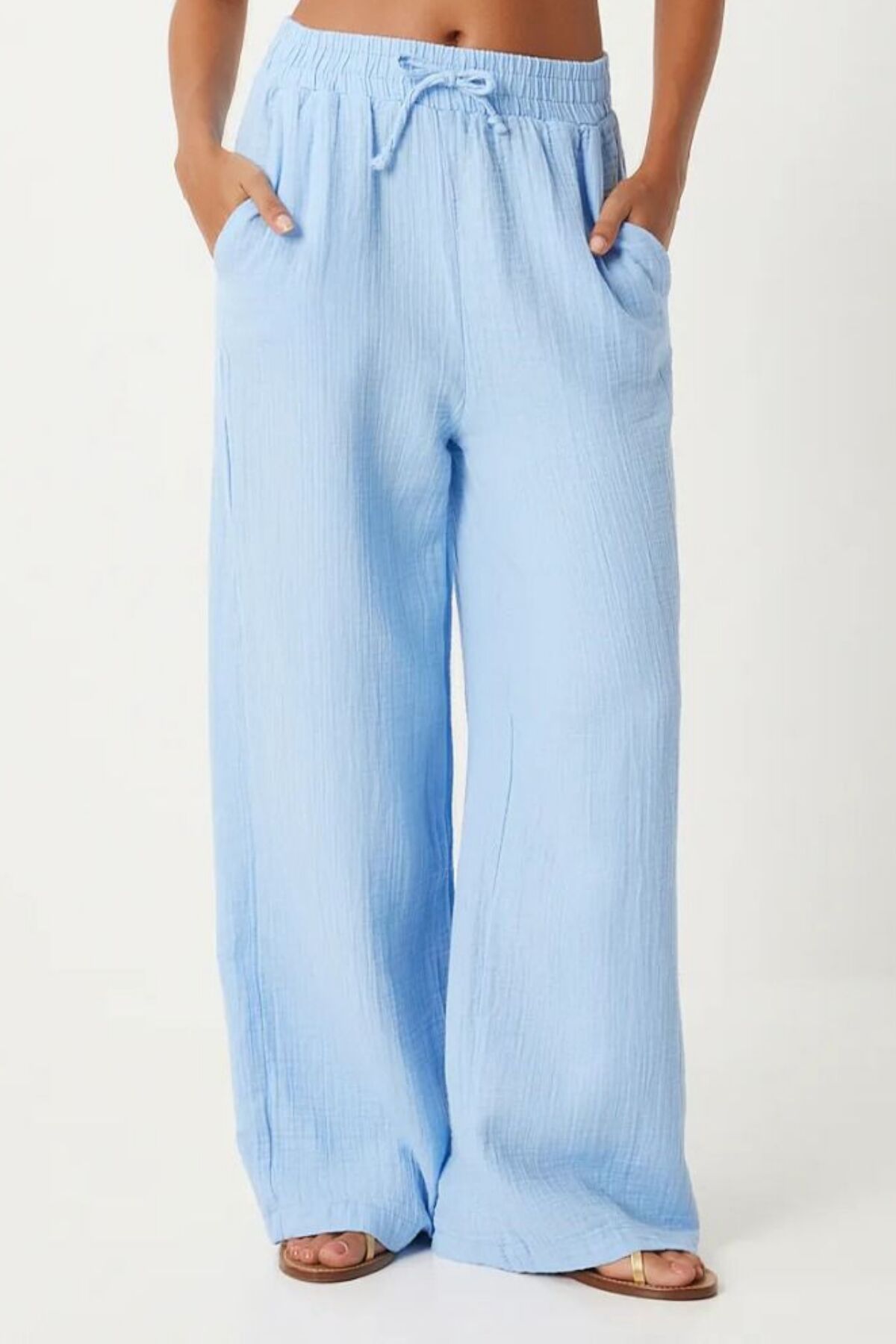 Balenbi Kadın Hafif Transparan Beli Lastikli Palazzo Müslin Pantolon 1096 42 - Mavi