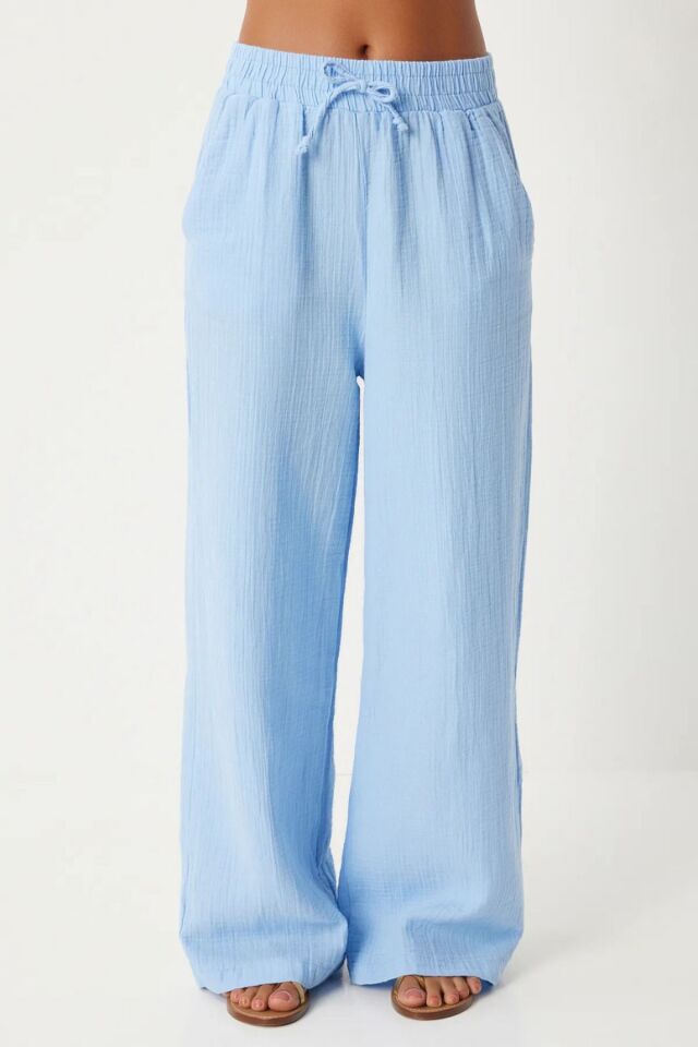 Balenbi Kadın Hafif Transparan Beli Lastikli Palazzo Müslin Pantolon 1096 42 - Mavi