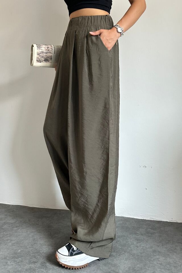 Feela Moda 2009 Beli Lastikli Lyocell Kumaş Yüksek Bel Palazzo Kadın Pantolon 42 - Haki