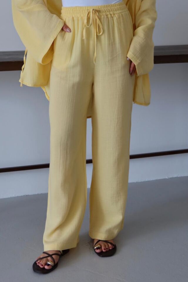 Balenbi Kadın Hafif Transparan Beli Lastikli Palazzo Müslin Pantolon 1096 Sarı - 42