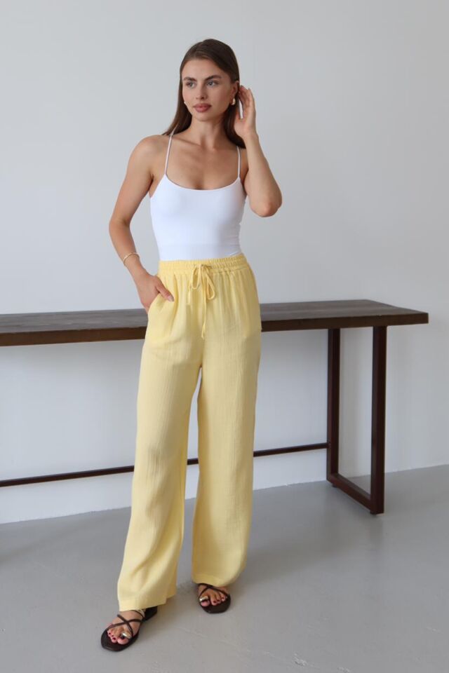 Balenbi Kadın Hafif Transparan Beli Lastikli Palazzo Müslin Pantolon 1096 42 - Sarı