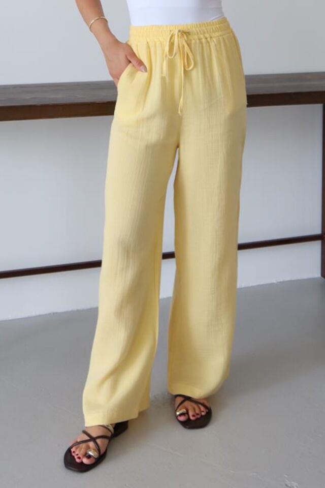 Balenbi Kadın Hafif Transparan Beli Lastikli Palazzo Müslin Pantolon 1096 42 - Sarı