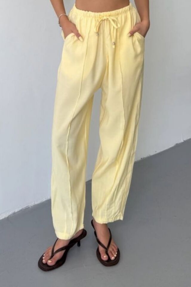 Feela Moda Kadın Modal Cupra Beli Lastikli Çımalı Şalvar Pantolon 2019 42 - Sarı