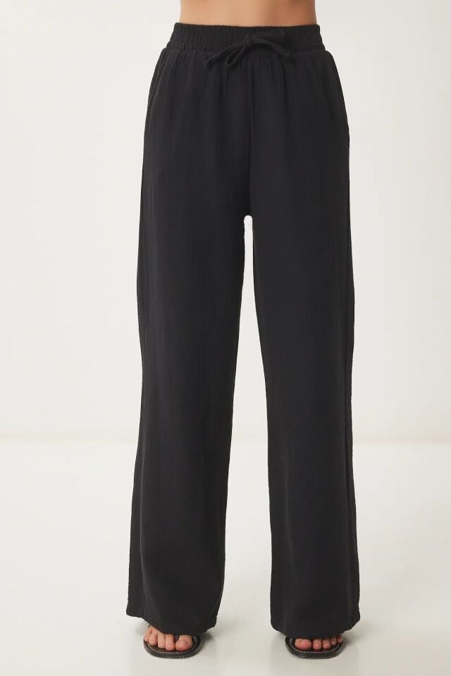 Balenbi Kadın Hafif Transparan Beli Lastikli Palazzo Müslin Pantolon 1096 42 - Siyah