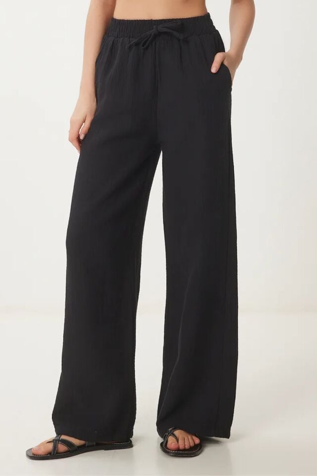 Balenbi Kadın Hafif Transparan Beli Lastikli Palazzo Müslin Pantolon 1096 42 - Siyah