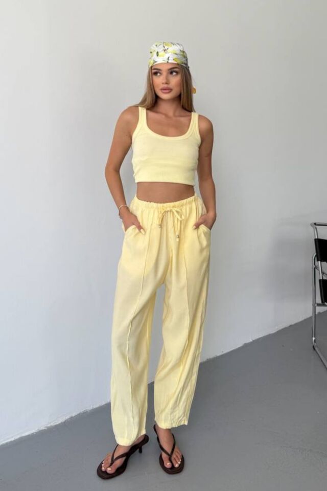 Feela Moda Kadın Modal Cupra Beli Lastikli Çımalı Şalvar Pantolon 2019 38 - Sarı