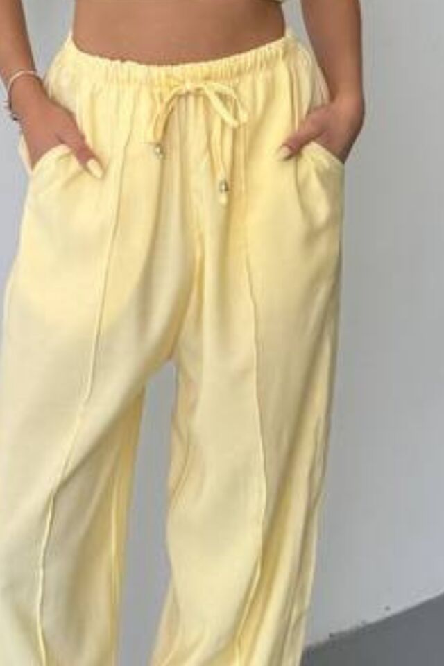 Feela Moda Kadın Modal Cupra Beli Lastikli Çımalı Şalvar Pantolon 2019 38 - Sarı