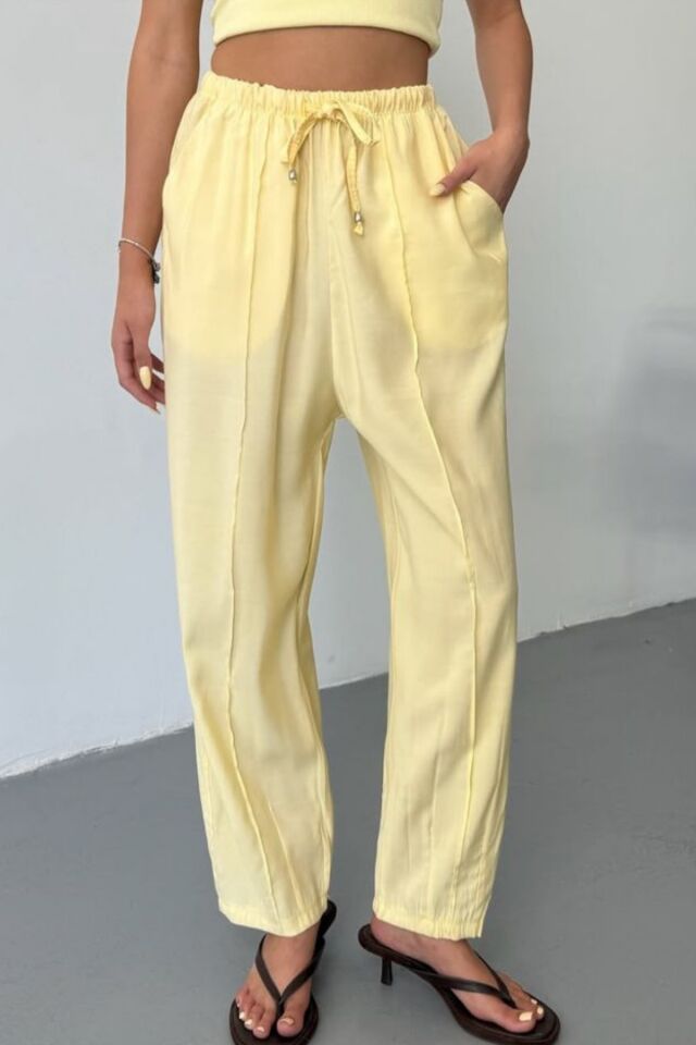 Feela Moda Kadın Modal Cupra Beli Lastikli Çımalı Şalvar Pantolon 2019 Sarı - 38