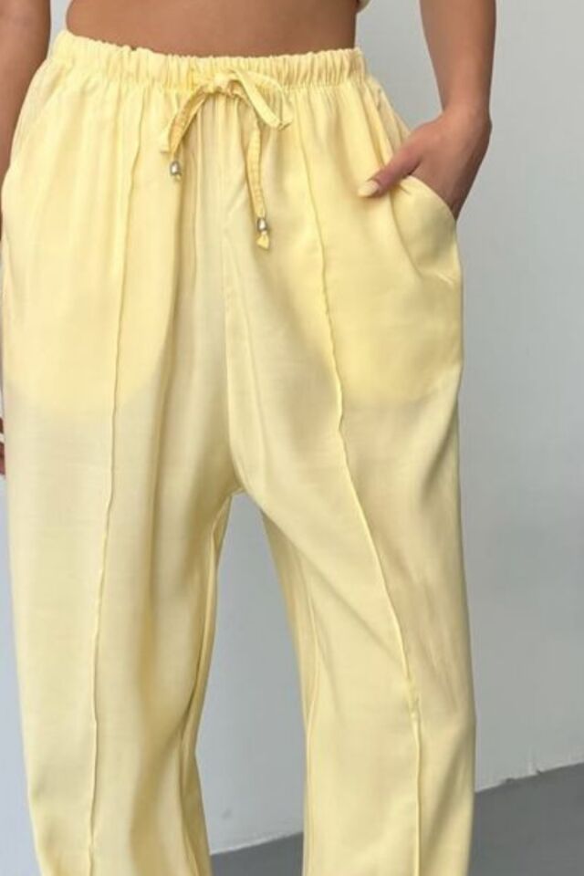 Feela Moda Kadın Modal Cupra Beli Lastikli Çımalı Şalvar Pantolon 2019 38 - Sarı