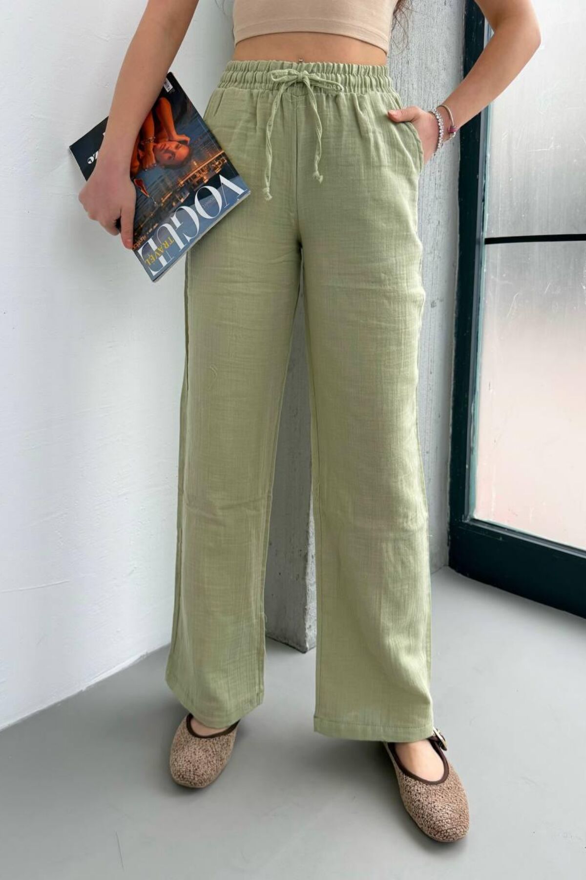 Balenbi Kadın Hafif Transparan Beli Lastikli Palazzo Müslin Pantolon 1096 42 - Yeşil