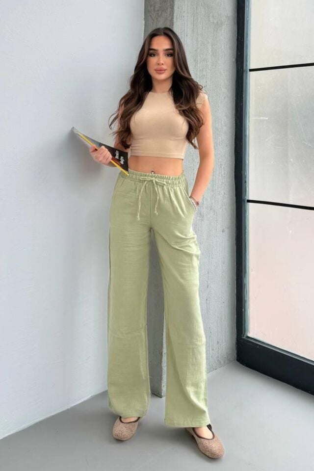 Balenbi Kadın Hafif Transparan Beli Lastikli Palazzo Müslin Pantolon 1096 42 - Yeşil