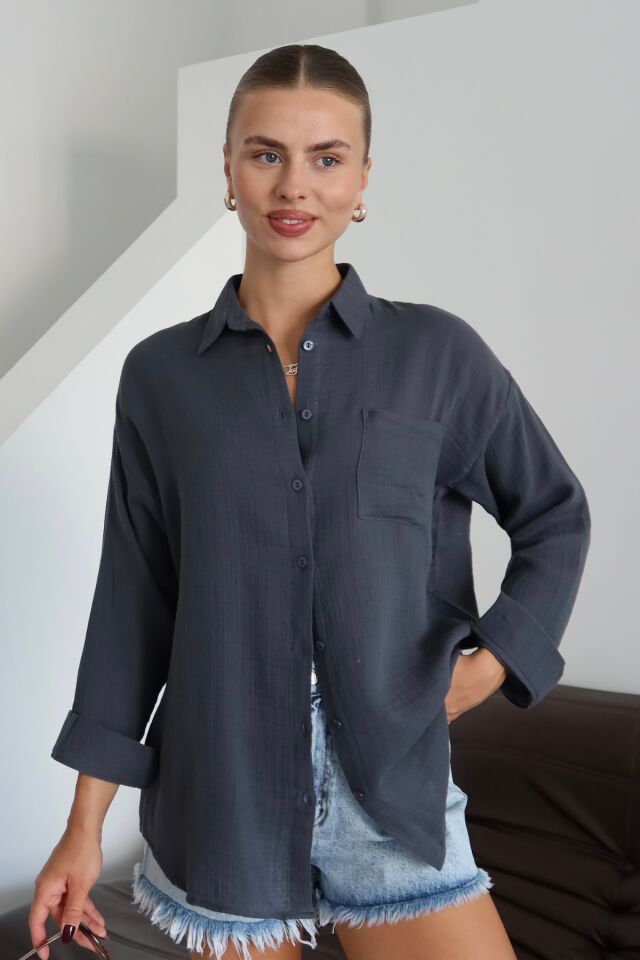 Balenbi Kadın Cepli Oversize Düz Renk Müslin Gömlek 1095 L - Antrasit