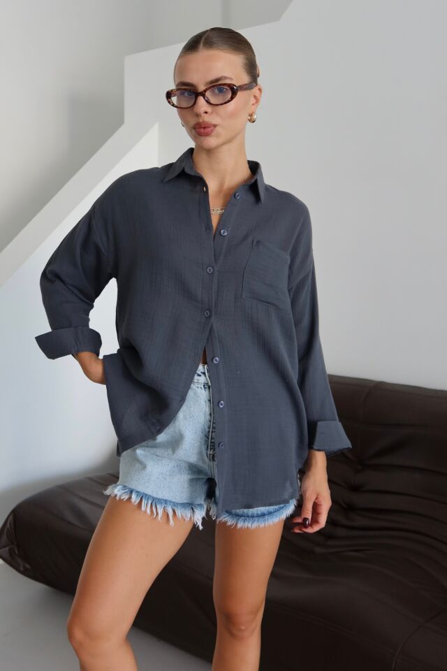 Balenbi Kadın Cepli Oversize Düz Renk Müslin Gömlek 1095 L - Antrasit