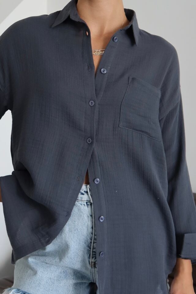 Balenbi Kadın Cepli Oversize Düz Renk Müslin Gömlek 1095 Antrasit - L